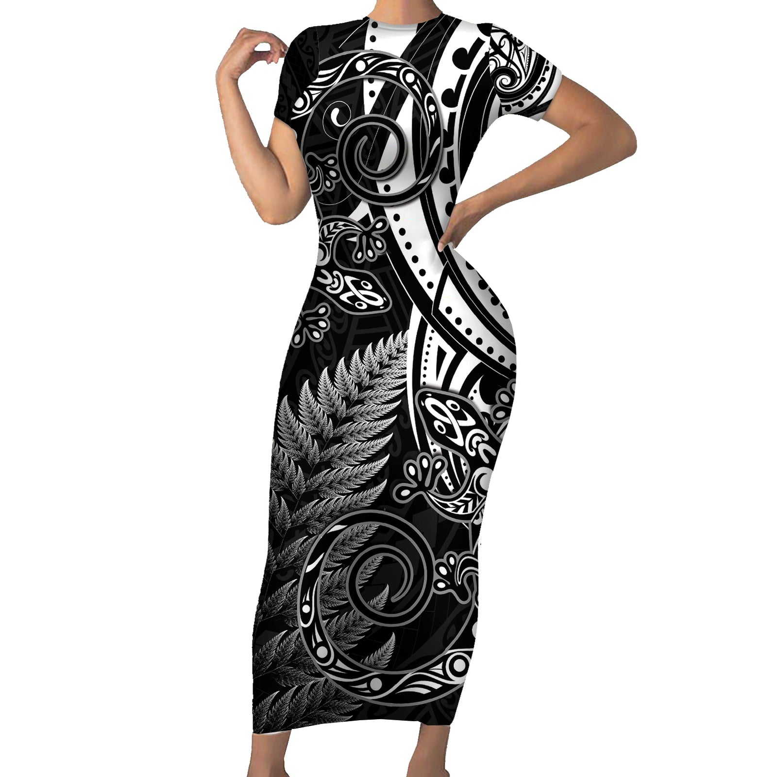 New Zealand Lizard Short Sleeve Bodycon Dress Silver Fern Aotearoa Maori LT14 Long Dress Black - Polynesian Pride