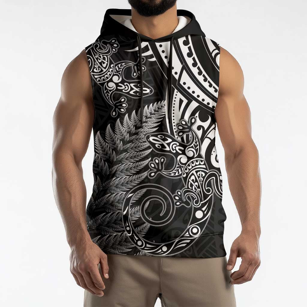 New Zealand Lizard Sleeveless Hoodie Silver Fern Aotearoa Maori - Polynesian Pride