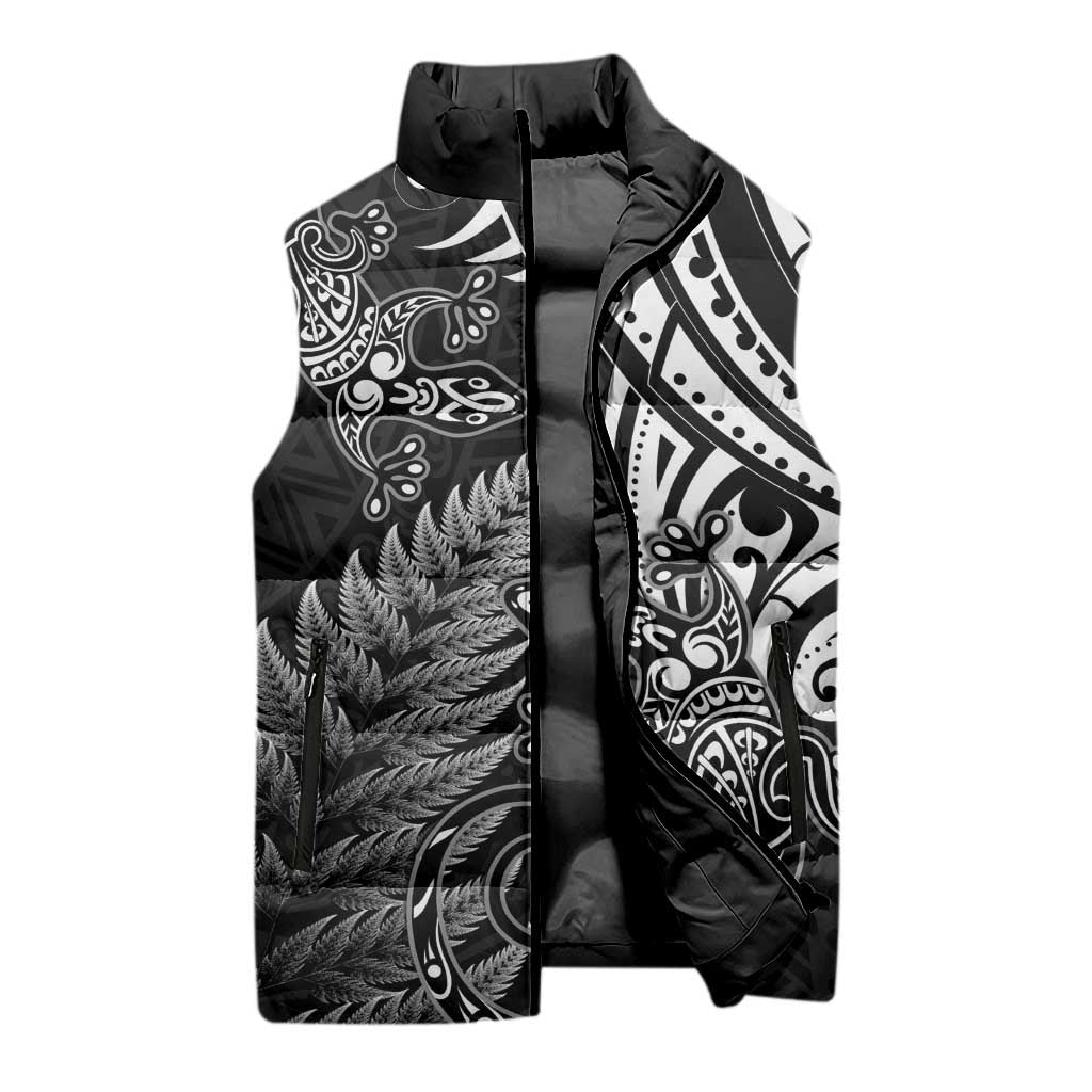 New Zealand Lizard Sleeveless Puffer Jacket Silver Fern Aotearoa Maori - Polynesian Pride