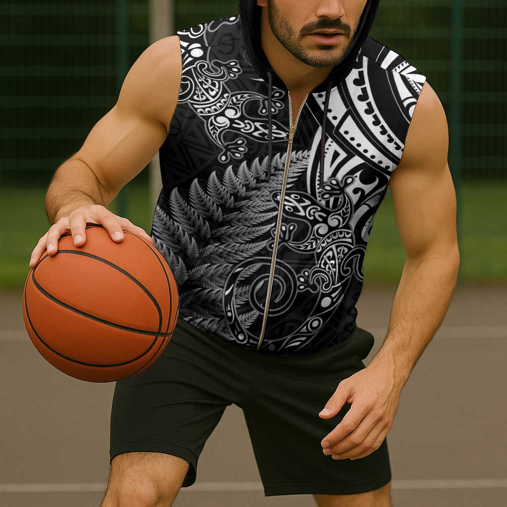 New Zealand Lizard Sleeveless Zip Hoodie Silver Fern Aotearoa Maori - Polynesian Pride