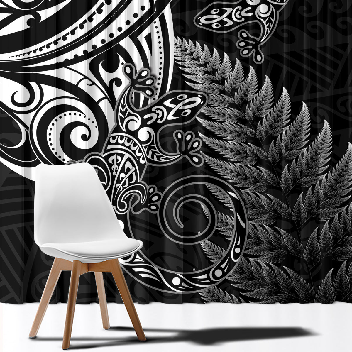 New Zealand Lizard Window Curtain Silver Fern Aotearoa Maori