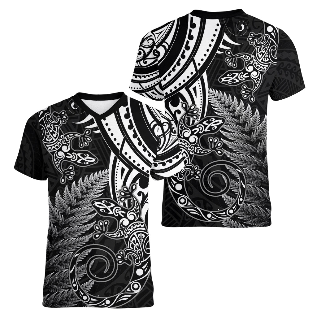 New Zealand Lizard Women V Neck T Shirt Silver Fern Aotearoa Maori LT14 - Polynesian Pride
