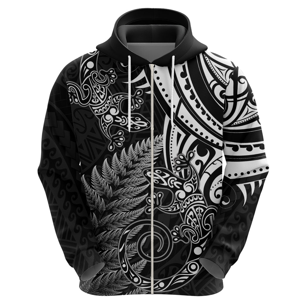 New Zealand Lizard Zip Hoodie Silver Fern Aotearoa Maori LT14 - Polynesian Pride