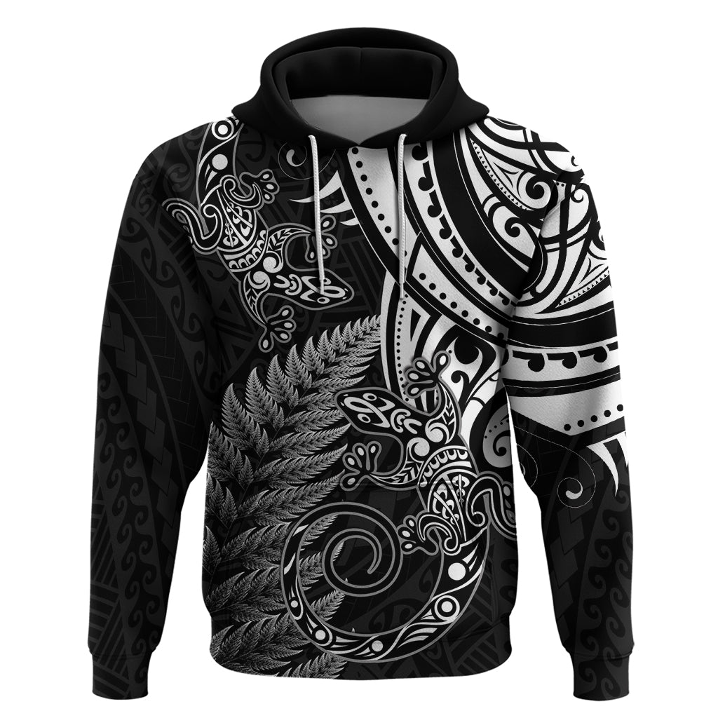 New Zealand Lizard Zip Hoodie Silver Fern Aotearoa Maori LT14 Pullover Hoodie Black - Polynesian Pride