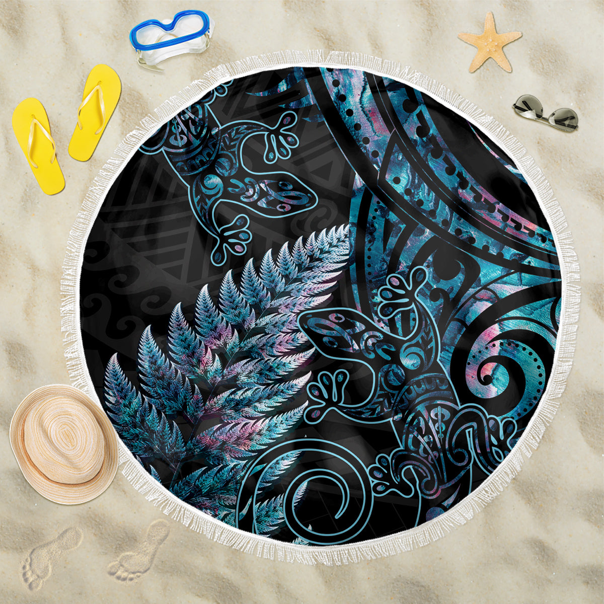 New Zealand Lizard Beach Blanket Silver Fern Aotearoa Maori With Paua Shell