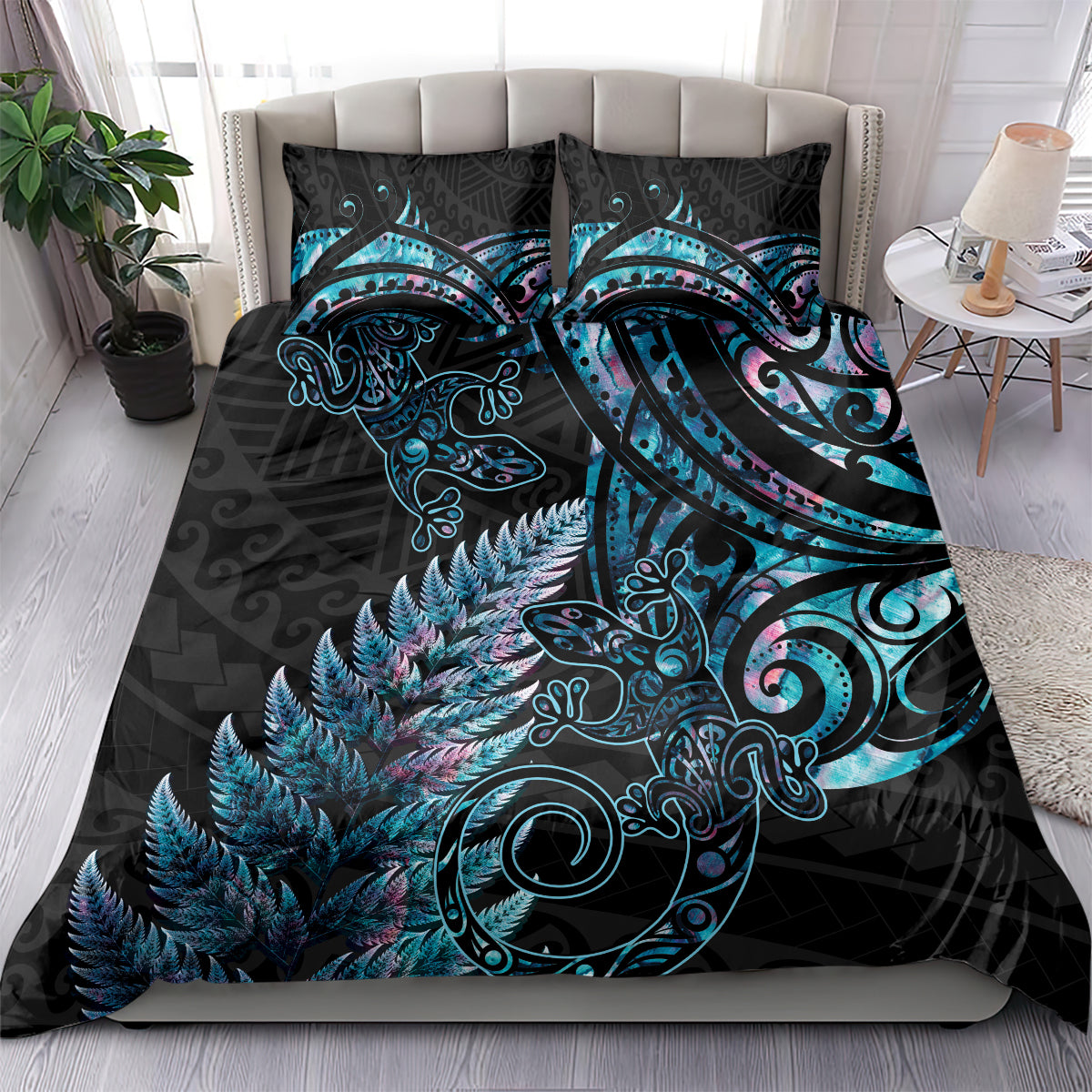 New Zealand Lizard Bedding Set Silver Fern Aotearoa Maori With Paua Shell