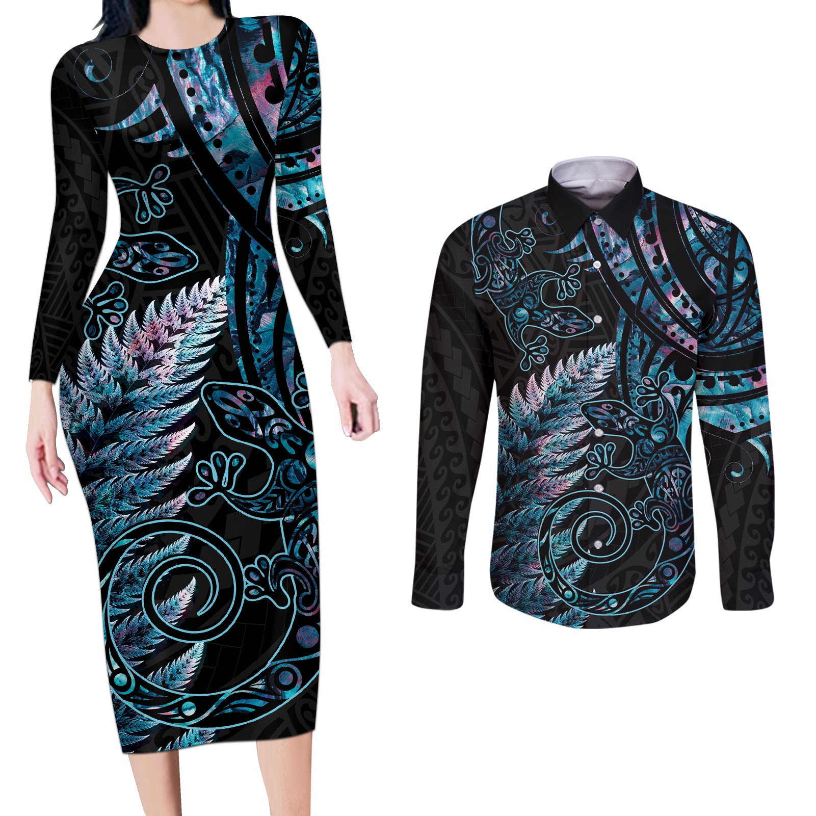 New Zealand Lizard Couples Matching Long Sleeve Bodycon Dress and Long Sleeve Button Shirt Silver Fern Aotearoa Maori With Paua Shell LT14 Turquoise - Polynesian Pride