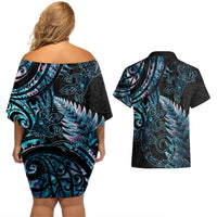 New Zealand Lizard Couples Matching Off Shoulder Short Dress and Hawaiian Shirt Silver Fern Aotearoa Maori With Paua Shell LT14 - Polynesian Pride