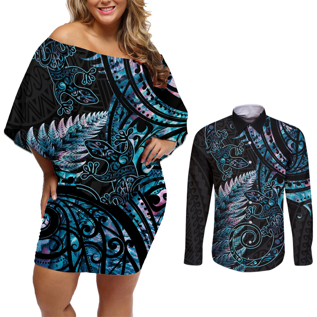 New Zealand Lizard Couples Matching Off Shoulder Short Dress and Long Sleeve Button Shirt Silver Fern Aotearoa Maori With Paua Shell LT14 Turquoise - Polynesian Pride