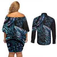 New Zealand Lizard Couples Matching Off Shoulder Short Dress and Long Sleeve Button Shirt Silver Fern Aotearoa Maori With Paua Shell LT14 - Polynesian Pride