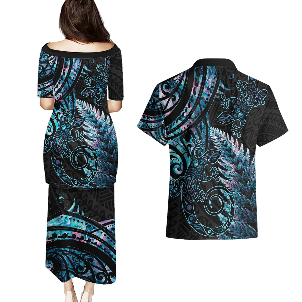 New Zealand Lizard Couples Matching Puletasi and Hawaiian Shirt Silver Fern Aotearoa Maori With Paua Shell LT14 - Polynesian Pride