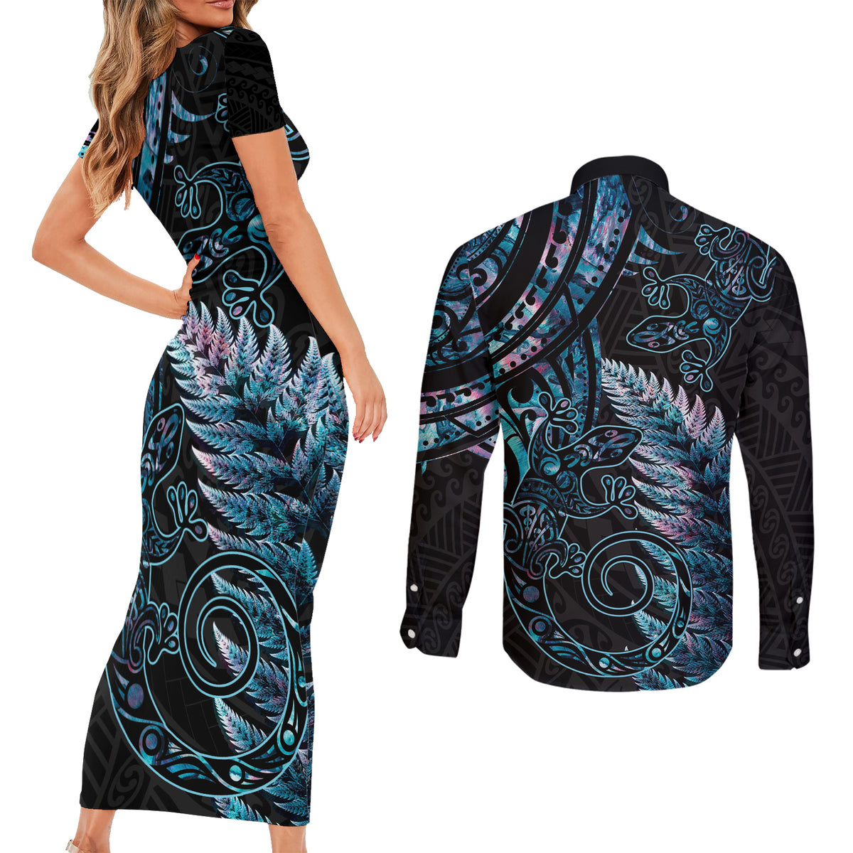 New Zealand Lizard Couples Matching Short Sleeve Bodycon Dress and Long Sleeve Button Shirt Silver Fern Aotearoa Maori With Paua Shell LT14 - Polynesian Pride