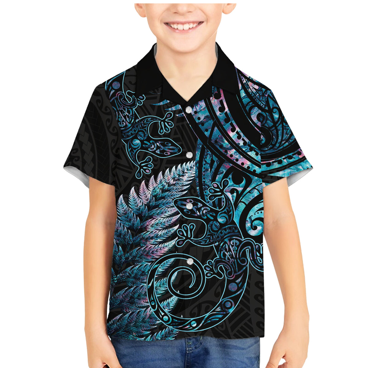 New Zealand Lizard Family Matching Mermaid Dress and Hawaiian Shirt Silver Fern Aotearoa Maori With Paua Shell LT14 Son's Shirt Turquoise - Polynesian Pride