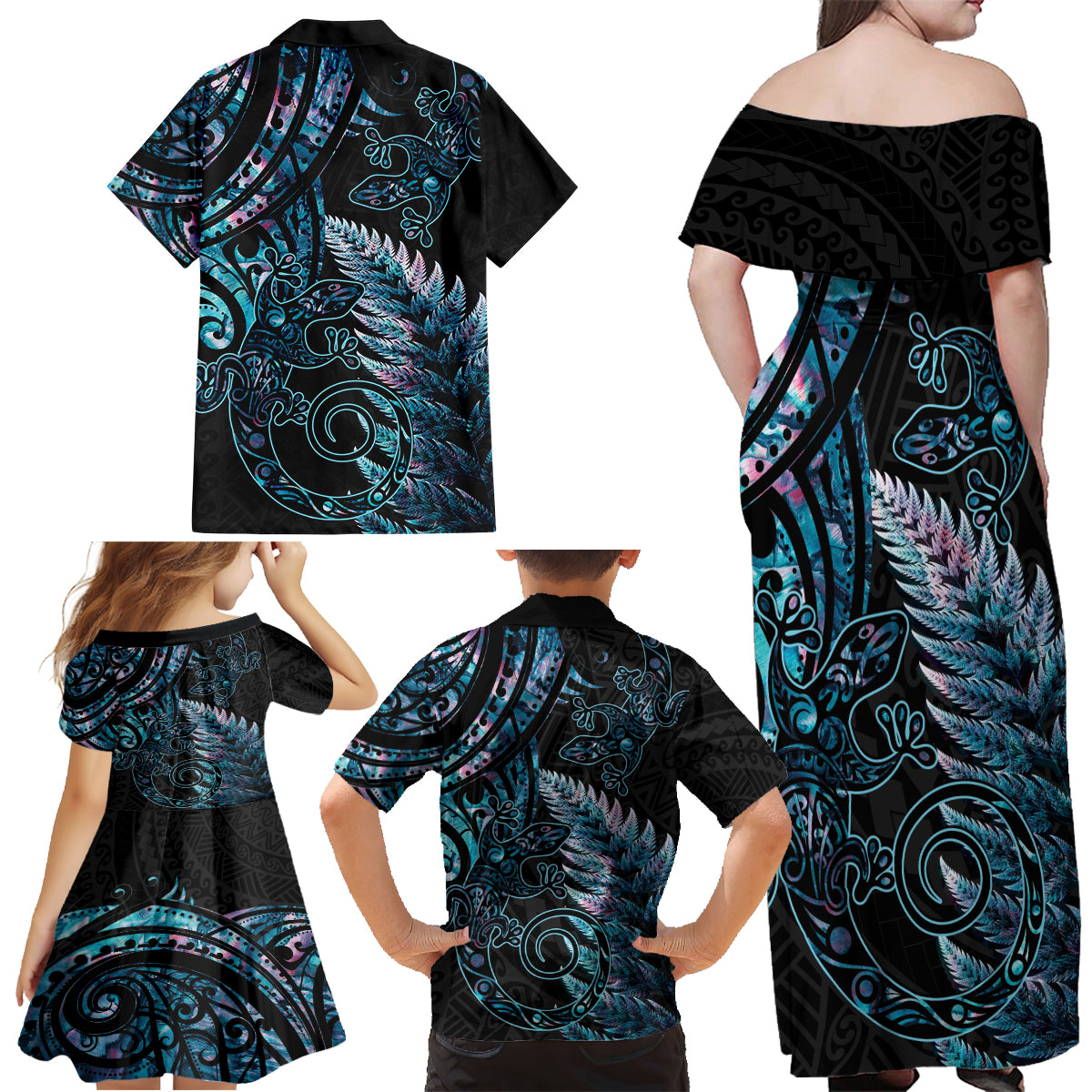 New Zealand Lizard Family Matching Off Shoulder Maxi Dress and Hawaiian Shirt Silver Fern Aotearoa Maori With Paua Shell LT14 - Polynesian Pride