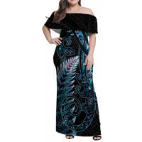 New Zealand Lizard Family Matching Off Shoulder Maxi Dress and Hawaiian Shirt Silver Fern Aotearoa Maori With Paua Shell LT14 Mom's Dress Turquoise - Polynesian Pride