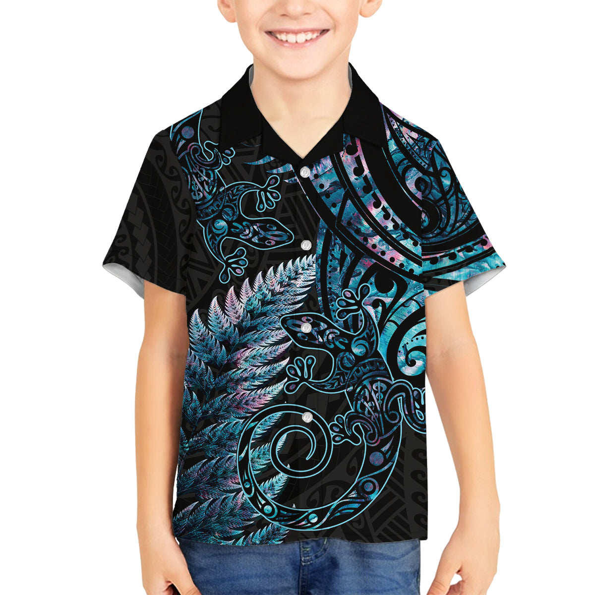 New Zealand Lizard Family Matching Off Shoulder Maxi Dress and Hawaiian Shirt Silver Fern Aotearoa Maori With Paua Shell LT14 Son's Shirt Turquoise - Polynesian Pride