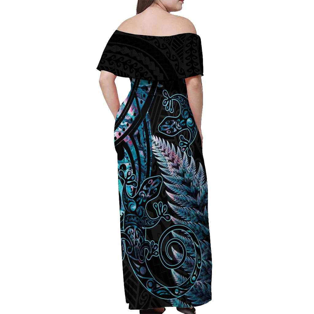 New Zealand Lizard Off Shoulder Maxi Dress Silver Fern Aotearoa Maori With Paua Shell LT14 - Polynesian Pride