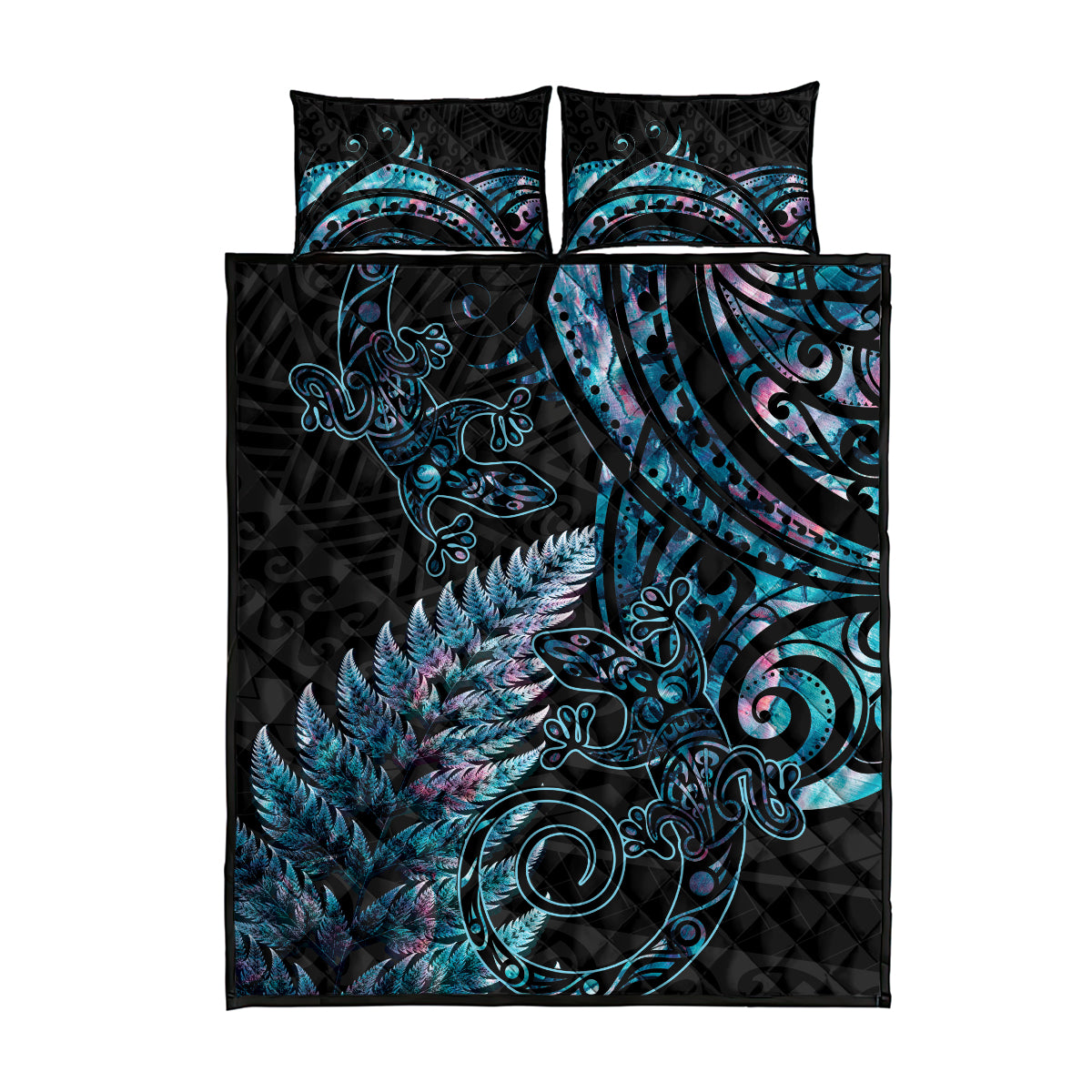 New Zealand Lizard Quilt Bed Set Silver Fern Aotearoa Maori With Paua Shell