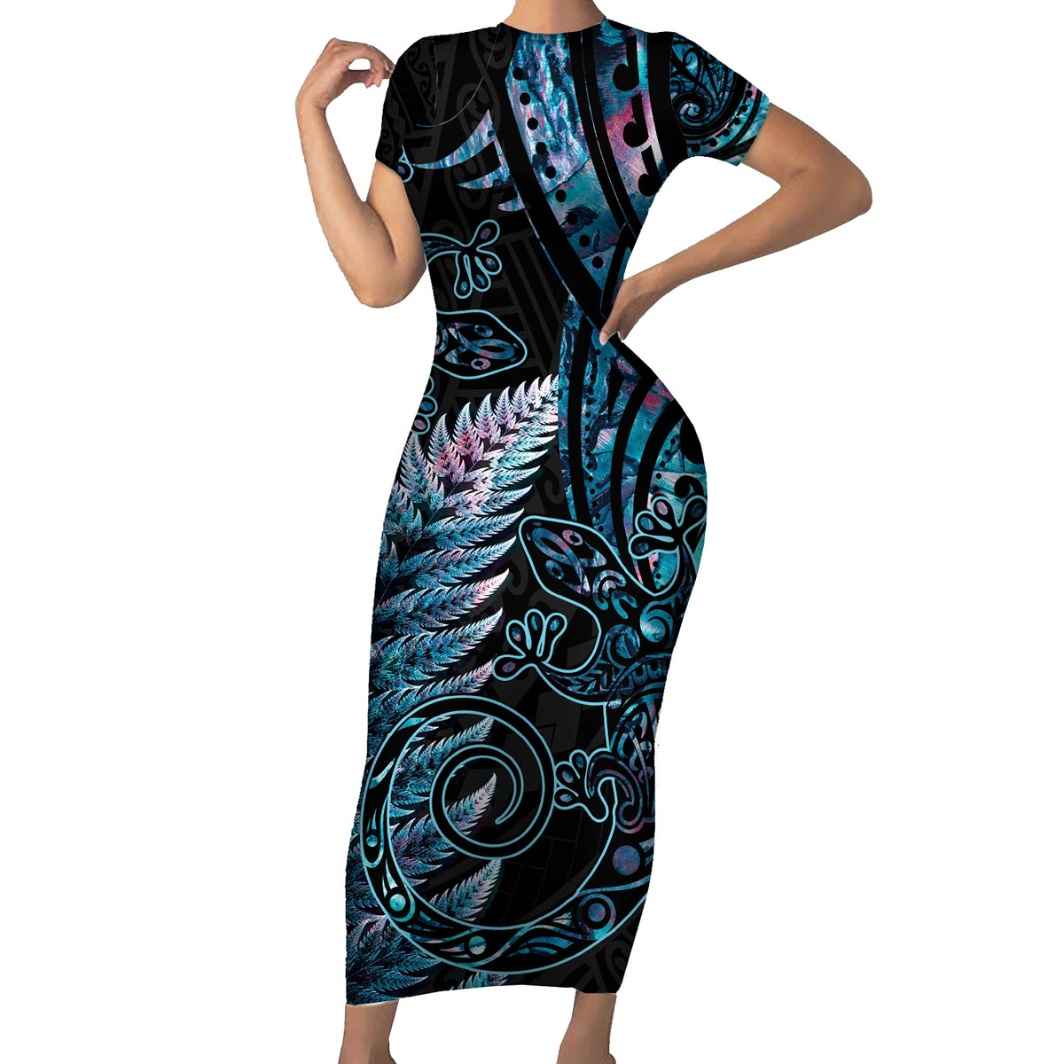 New Zealand Lizard Short Sleeve Bodycon Dress Silver Fern Aotearoa Maori With Paua Shell LT14 Long Dress Turquoise - Polynesian Pride