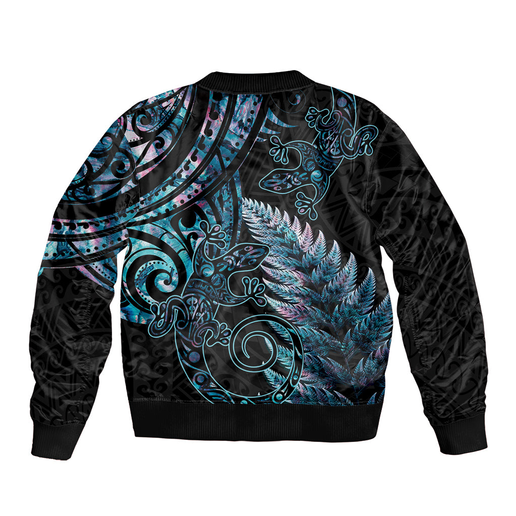 New Zealand Lizard Sleeve Zip Bomber Jacket Silver Fern Aotearoa Maori With Paua Shell LT14 - Polynesian Pride