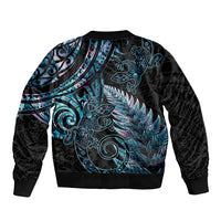 New Zealand Lizard Sleeve Zip Bomber Jacket Silver Fern Aotearoa Maori With Paua Shell LT14 - Polynesian Pride