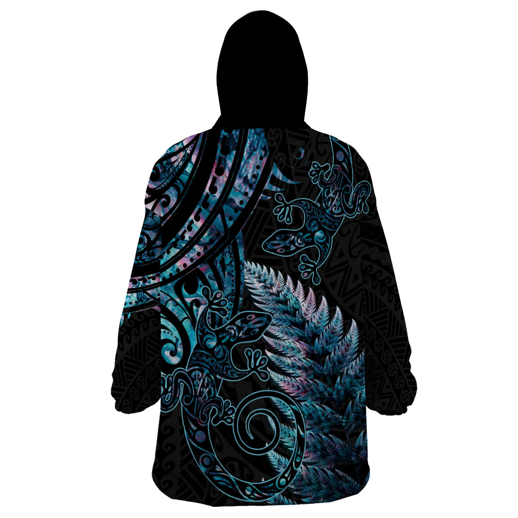 New Zealand Lizard Wearable Blanket Hoodie Silver Fern Aotearoa Maori With Paua Shell LT14 - Polynesian Pride