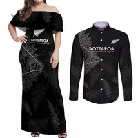 New Zealand Haka Rugby Couples Matching Off Shoulder Maxi Dress and Long Sleeve Button Shirt 2024 Pacific Go Black Silver Fern LT14 Black - Polynesian Pride