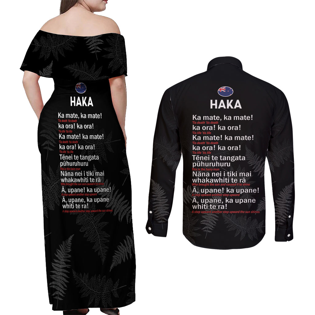 New Zealand Haka Rugby Couples Matching Off Shoulder Maxi Dress and Long Sleeve Button Shirt 2024 Pacific Go Black Silver Fern LT14 - Polynesian Pride