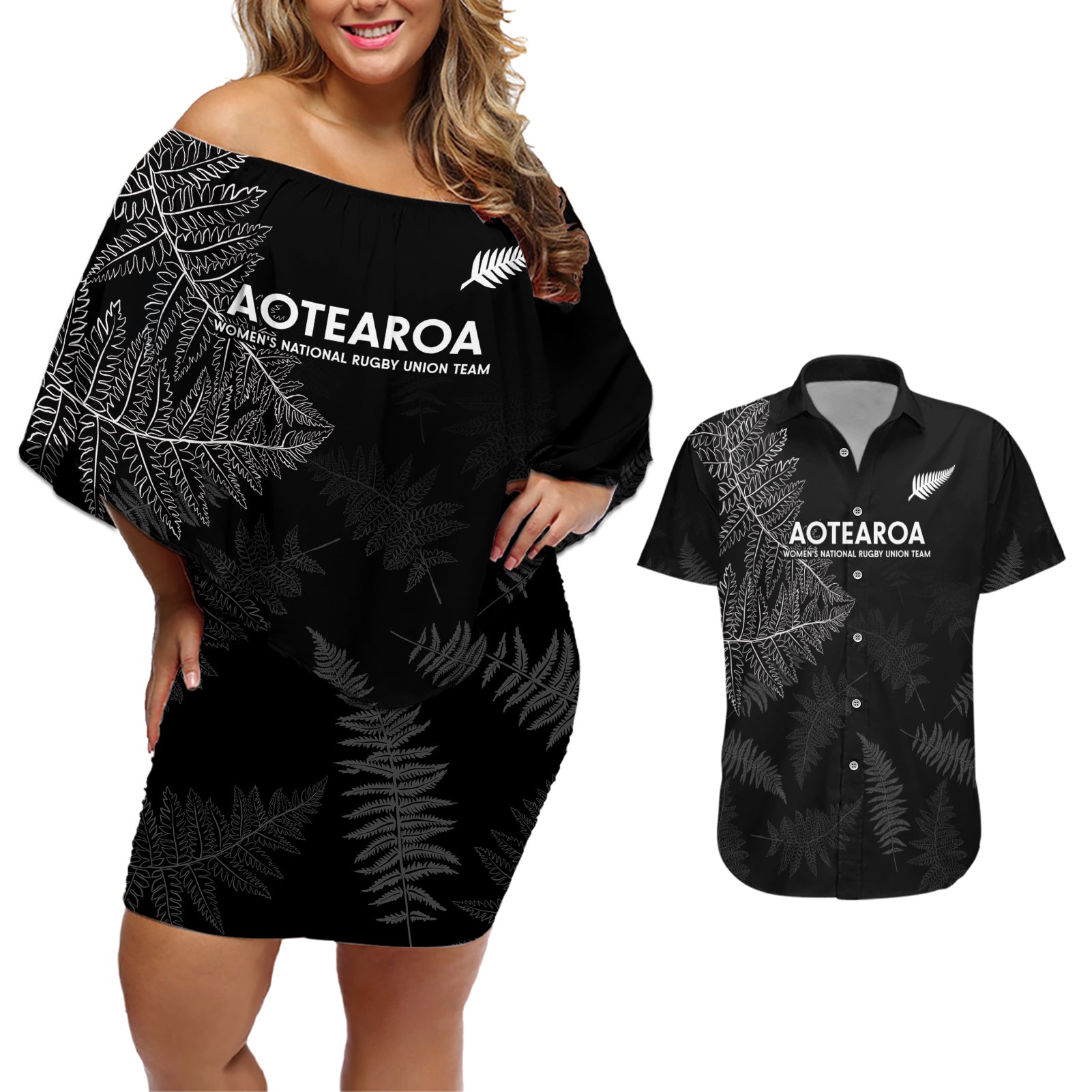 New Zealand Haka Rugby Couples Matching Off Shoulder Short Dress and Hawaiian Shirt 2024 Pacific Go Black Silver Fern LT14 Black - Polynesian Pride
