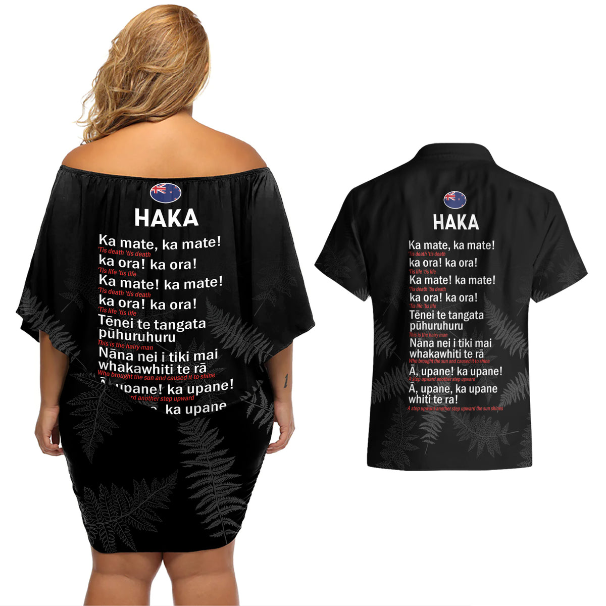 New Zealand Haka Rugby Couples Matching Off Shoulder Short Dress and Hawaiian Shirt 2024 Pacific Go Black Silver Fern LT14 - Polynesian Pride