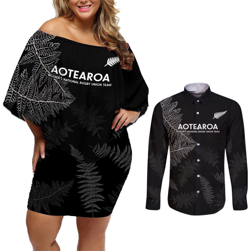 New Zealand Haka Rugby Couples Matching Off Shoulder Short Dress and Long Sleeve Button Shirt 2024 Pacific Go Black Silver Fern LT14 Black - Polynesian Pride