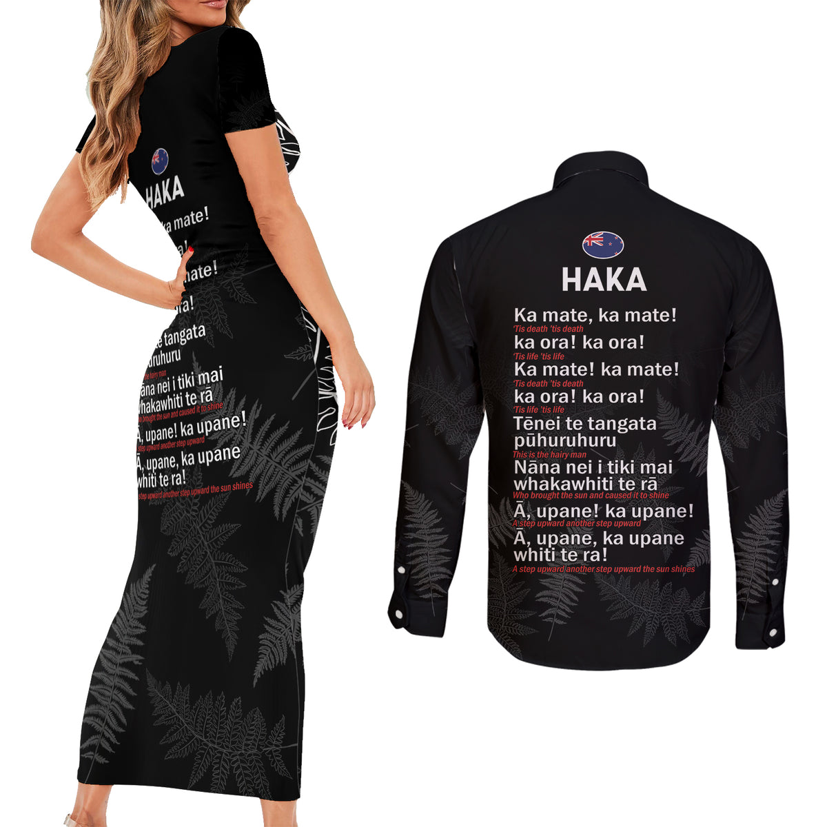 New Zealand Haka Rugby Couples Matching Short Sleeve Bodycon Dress and Long Sleeve Button Shirt 2024 Pacific Go Black Silver Fern LT14 - Polynesian Pride