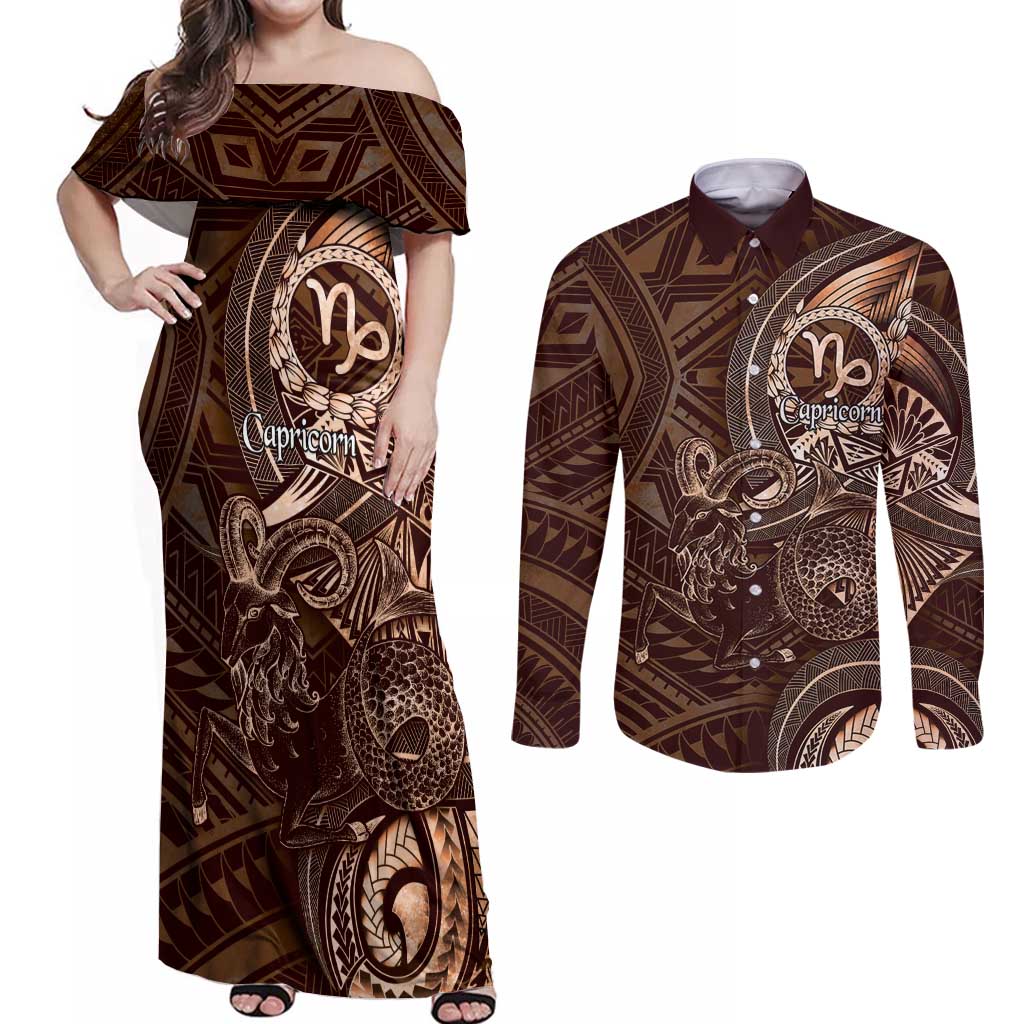 Personalised Polynesia Zodiac Capricorn Couples Matching Off Shoulder Maxi Dress and Long Sleeve Button Shirt Galaxy Polynesian Pattern Chest Tattoo Style
