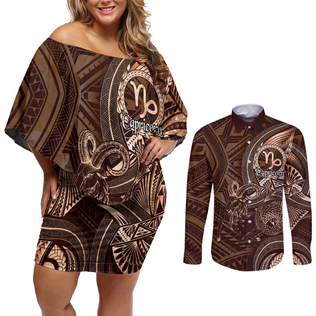 Personalised Polynesia Zodiac Capricorn Couples Matching Off Shoulder Short Dress and Long Sleeve Button Shirt Galaxy Polynesian Pattern Chest Tattoo Style