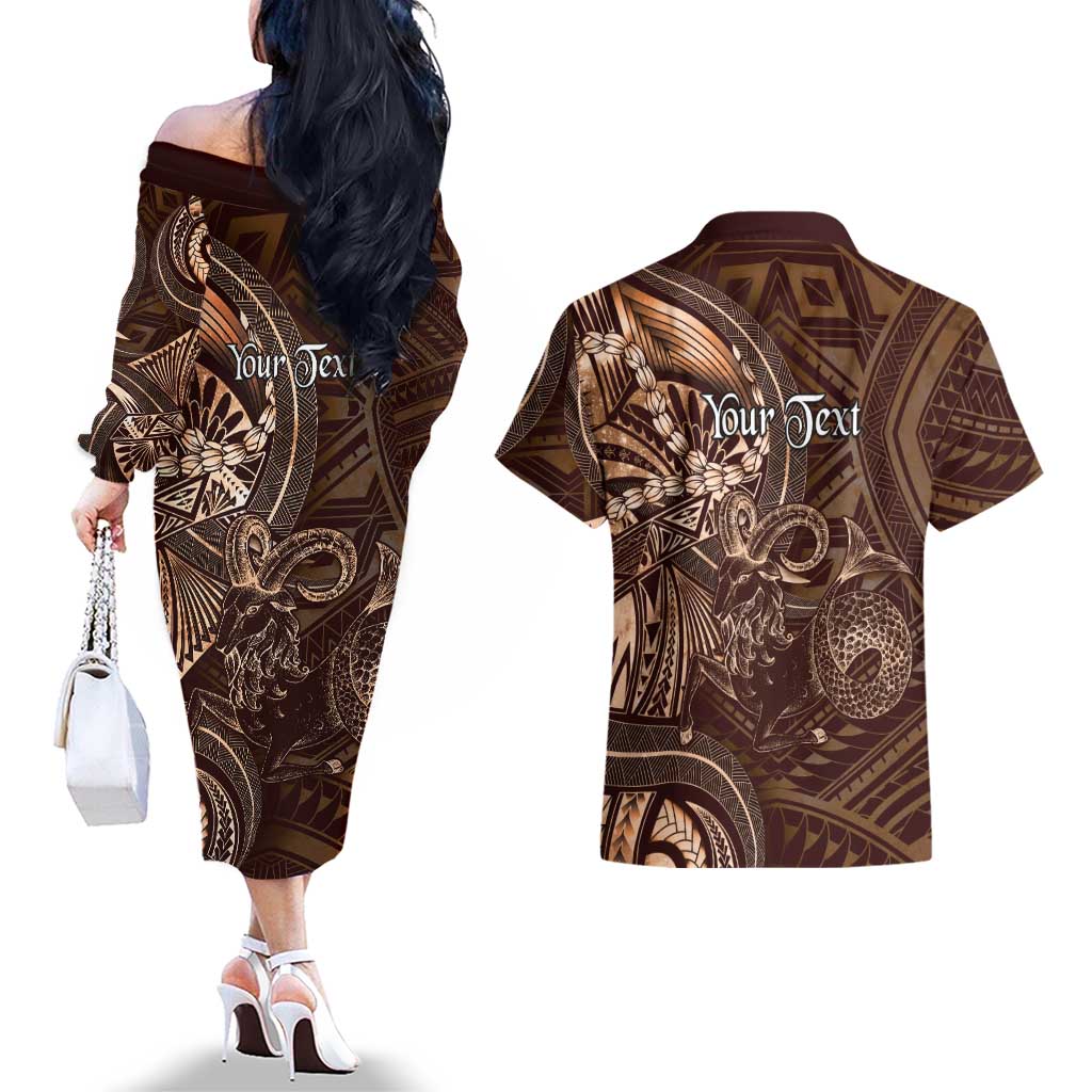 Personalised Polynesia Zodiac Capricorn Couples Matching Off The Shoulder Long Sleeve Dress and Hawaiian Shirt Galaxy Polynesian Pattern Chest Tattoo Style LT14 - Polynesian Pride
