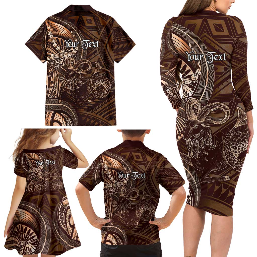 Personalised Polynesia Zodiac Capricorn Family Matching Long Sleeve Bodycon Dress and Hawaiian Shirt Galaxy Polynesian Pattern Chest Tattoo Style