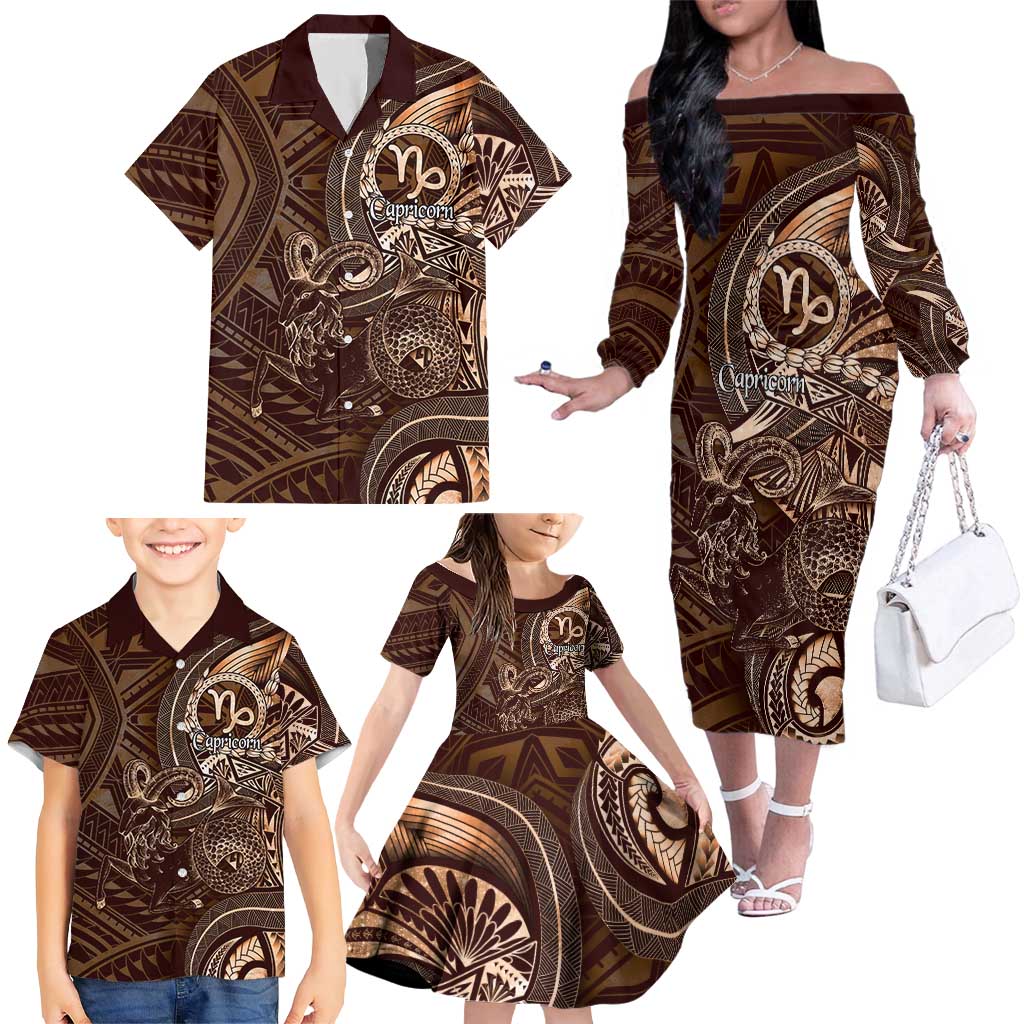 Personalised Polynesia Zodiac Capricorn Family Matching Off The Shoulder Long Sleeve Dress and Hawaiian Shirt Galaxy Polynesian Pattern Chest Tattoo Style