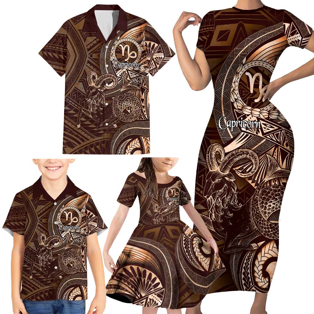 Personalised Polynesia Zodiac Capricorn Family Matching Short Sleeve Bodycon Dress and Hawaiian Shirt Galaxy Polynesian Pattern Chest Tattoo Style