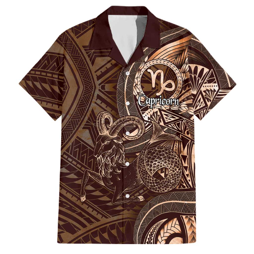 Personalised Polynesia Zodiac Capricorn Family Matching Summer Maxi Dress and Hawaiian Shirt Galaxy Polynesian Pattern Chest Tattoo Style LT14 Dad's Shirt - Short Sleeve Brown - Polynesian Pride