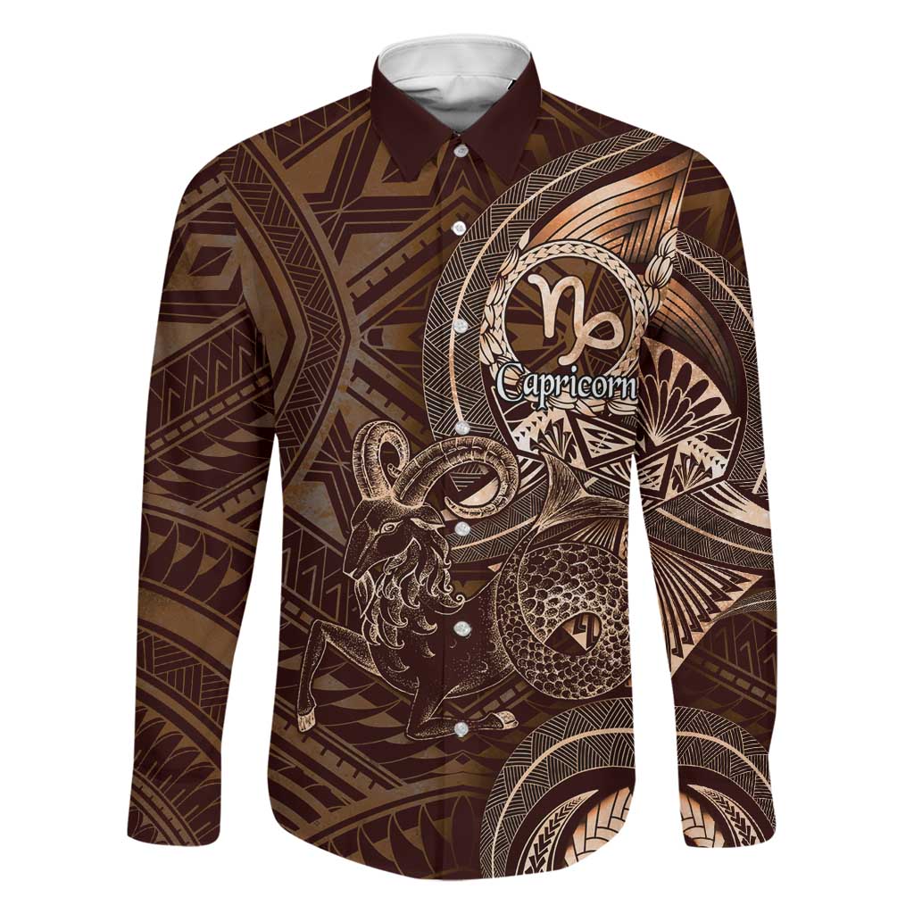 Personalised Polynesia Zodiac Capricorn Family Matching Summer Maxi Dress and Hawaiian Shirt Galaxy Polynesian Pattern Chest Tattoo Style LT14 Dad's Shirt - Long Sleeve Brown - Polynesian Pride
