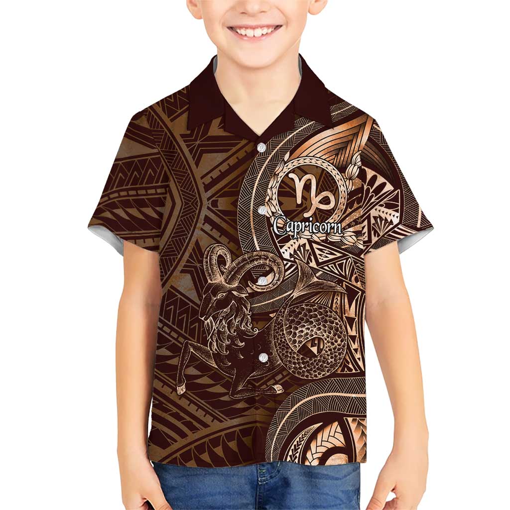 Personalised Polynesia Zodiac Capricorn Family Matching Summer Maxi Dress and Hawaiian Shirt Galaxy Polynesian Pattern Chest Tattoo Style LT14 Son's Shirt Brown - Polynesian Pride