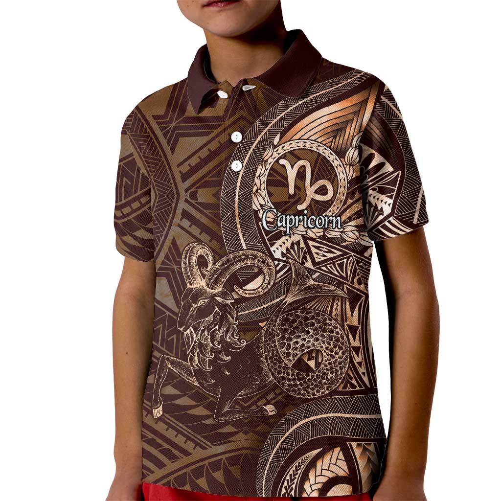 Personalised Polynesia Zodiac Capricorn Kid Polo Shirt Galaxy Polynesian Pattern Chest Tattoo Style LT14 Kid Brown - Polynesian Pride