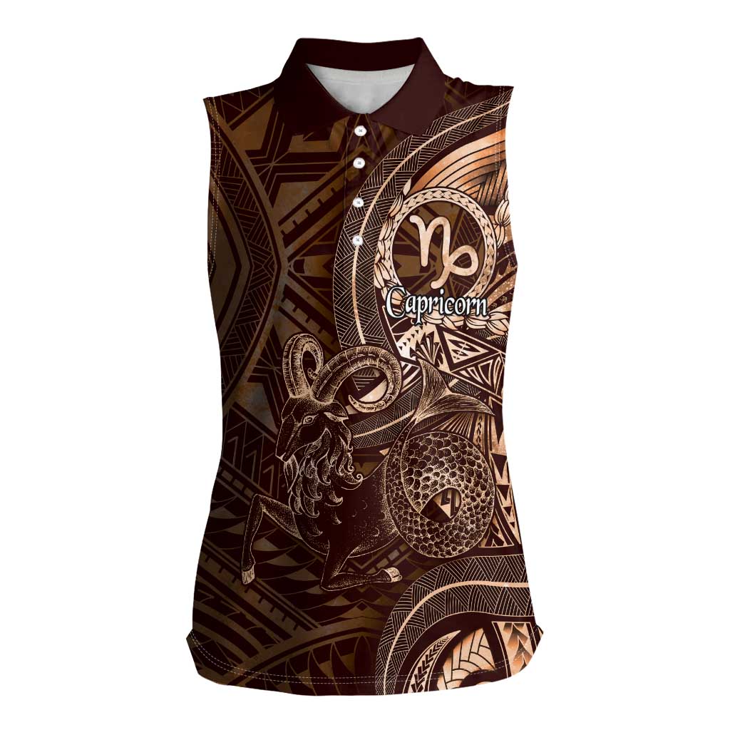 Personalised Polynesia Zodiac Capricorn Women Sleeveless Polo Shirt Galaxy Polynesian Pattern Chest Tattoo Style LT14 Female Brown - Polynesian Pride