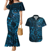 Personalised Polynesia Zodiac Pisces Couples Matching Mermaid Dress and Hawaiian Shirt Galaxy Polynesian Pattern Chest Tattoo Style LT14 Blue - Polynesian Pride