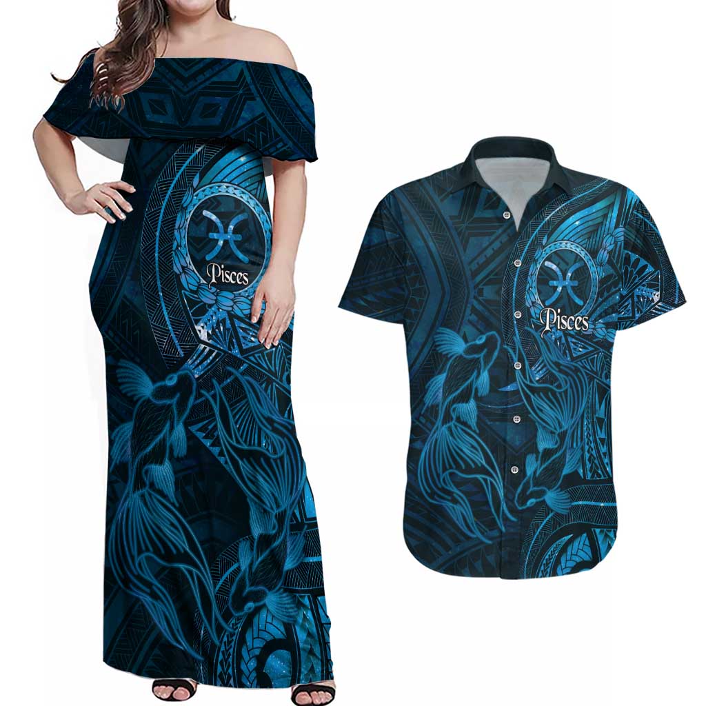 Personalised Polynesia Zodiac Pisces Couples Matching Off Shoulder Maxi Dress and Hawaiian Shirt Galaxy Polynesian Pattern Chest Tattoo Style LT14 Blue - Polynesian Pride