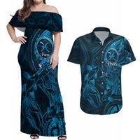 Personalised Polynesia Zodiac Pisces Couples Matching Off Shoulder Maxi Dress and Hawaiian Shirt Galaxy Polynesian Pattern Chest Tattoo Style LT14 Blue - Polynesian Pride