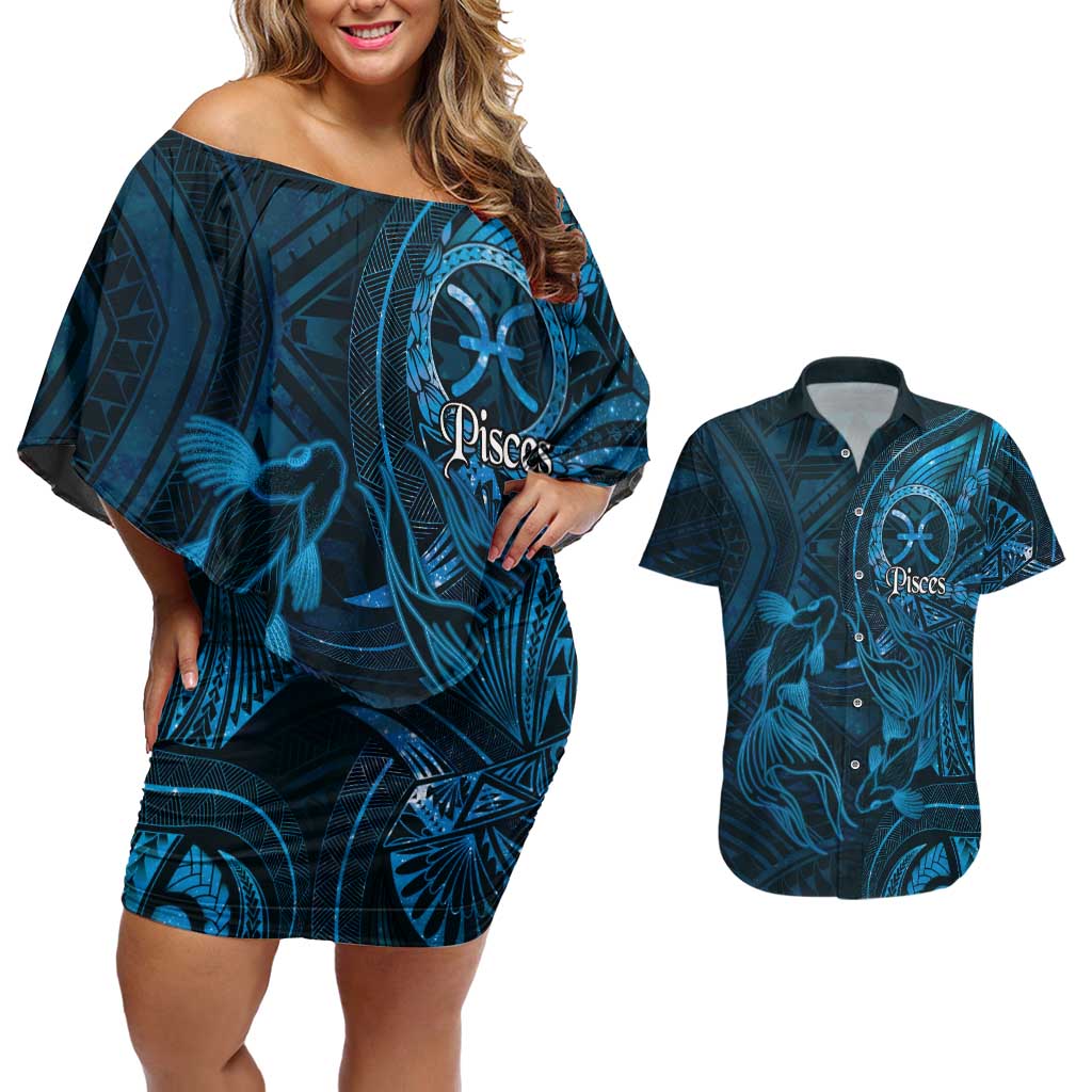 Personalised Polynesia Zodiac Pisces Couples Matching Off Shoulder Short Dress and Hawaiian Shirt Galaxy Polynesian Pattern Chest Tattoo Style