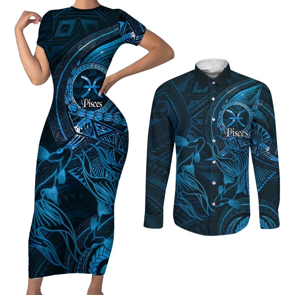 Personalised Polynesia Zodiac Pisces Couples Matching Short Sleeve Bodycon Dress and Long Sleeve Button Shirt Galaxy Polynesian Pattern Chest Tattoo Style