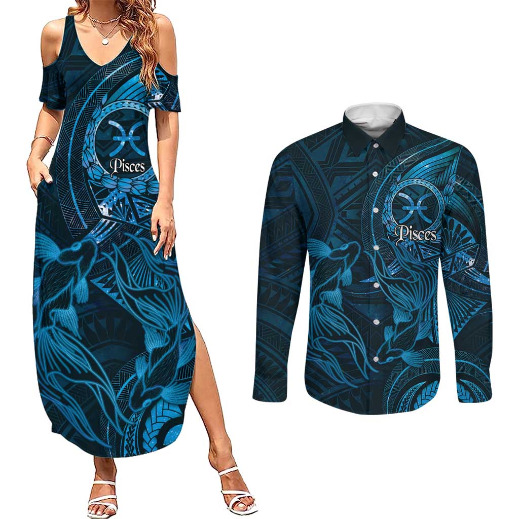 Personalised Polynesia Zodiac Pisces Couples Matching Summer Maxi Dress and Long Sleeve Button Shirt Galaxy Polynesian Pattern Chest Tattoo Style