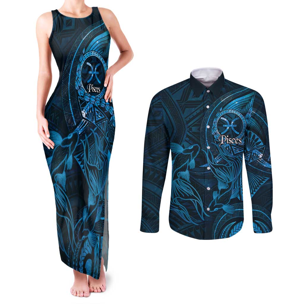 Personalised Polynesia Zodiac Pisces Couples Matching Tank Maxi Dress and Long Sleeve Button Shirt Galaxy Polynesian Pattern Chest Tattoo Style